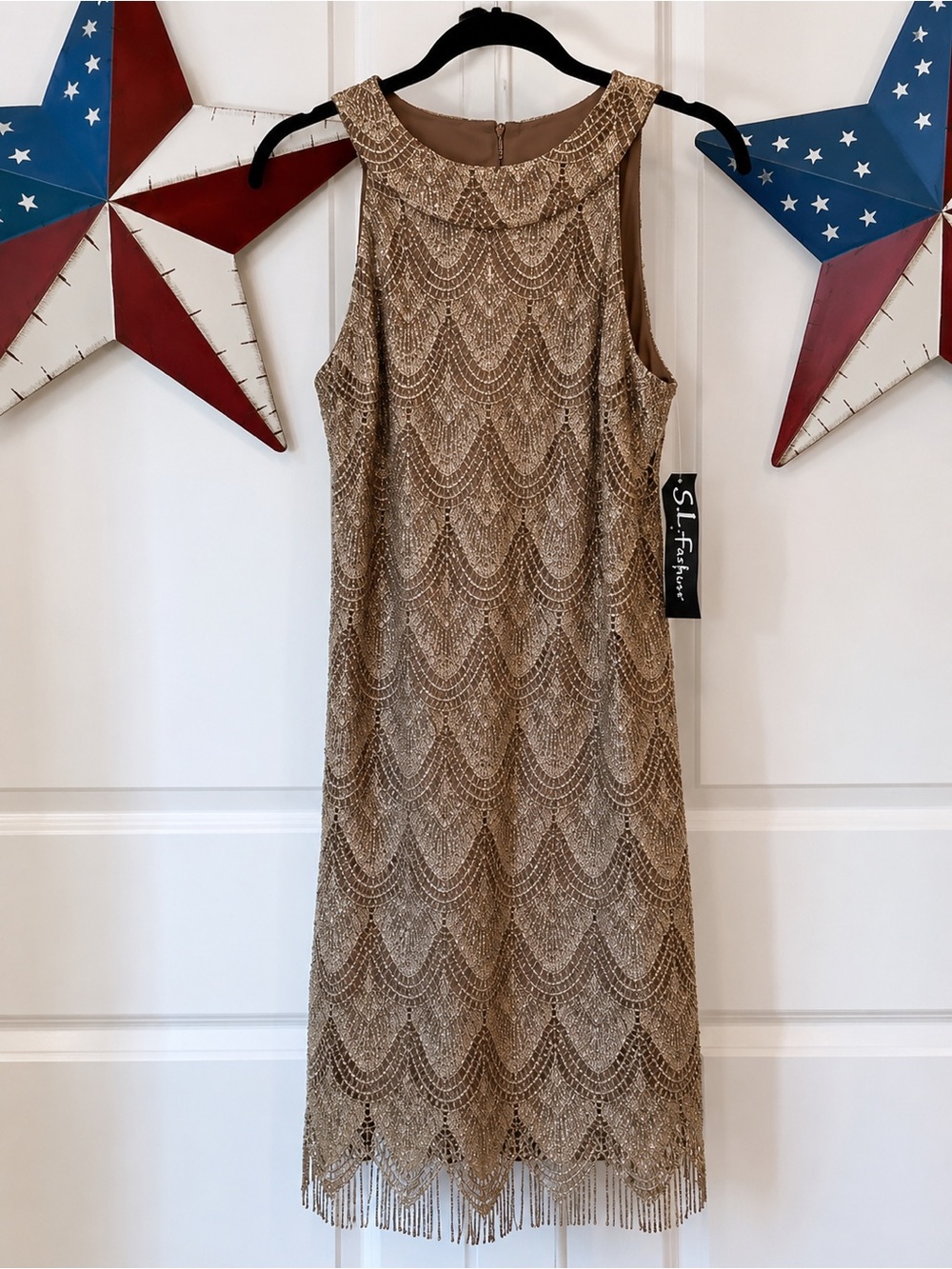 NWT S.L. Fashions Gold Crochet Halter Scallop Hem Dress